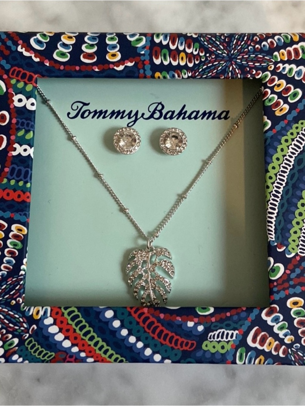 Tommy Bahama Silver Monstera Leaf Pendant Necklace with Crystal Studs